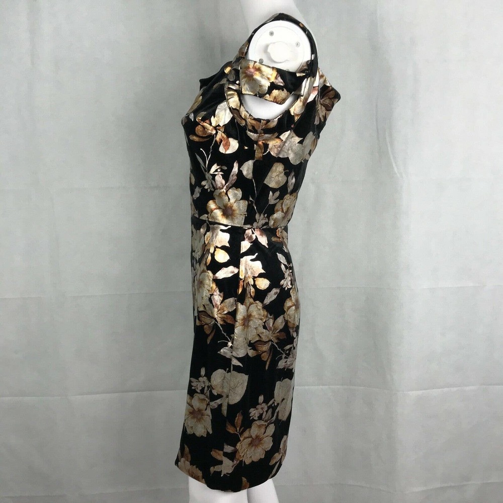 ECI Dress Women Sz 6 Black Beige Gold Floral Sleeveless Sheath Zip Cold Shoulder - Picture 2 of 9
